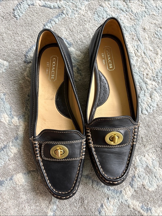 Coach Shoes - COACH Black Leather Loafers with Gold Turnlock